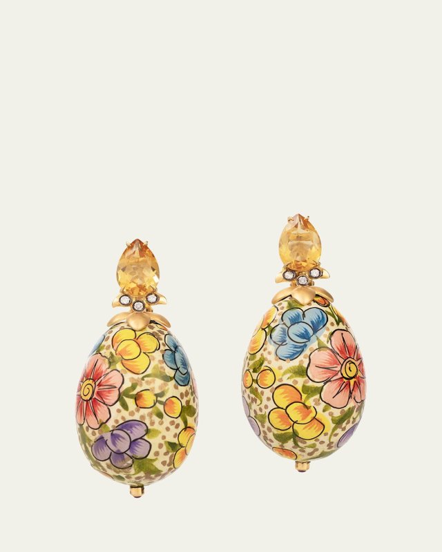 Papier Mache Floral Oval Earrings with Diamonds, Citrine and Ruby